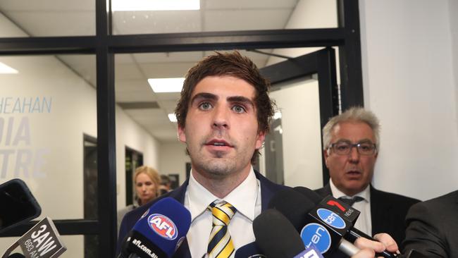 Andrew Gaff speaks to the media after his punch. Picture: David Geraghty / The Australian