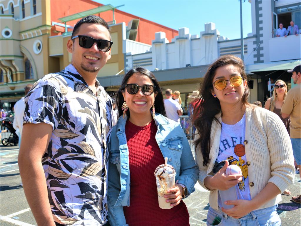 At the 2023 Grand Central Floral Parade are (from left) Jhon Jimenez, Paola Bayona and Tania Tibaduiza. Picture: Rhylea Millar