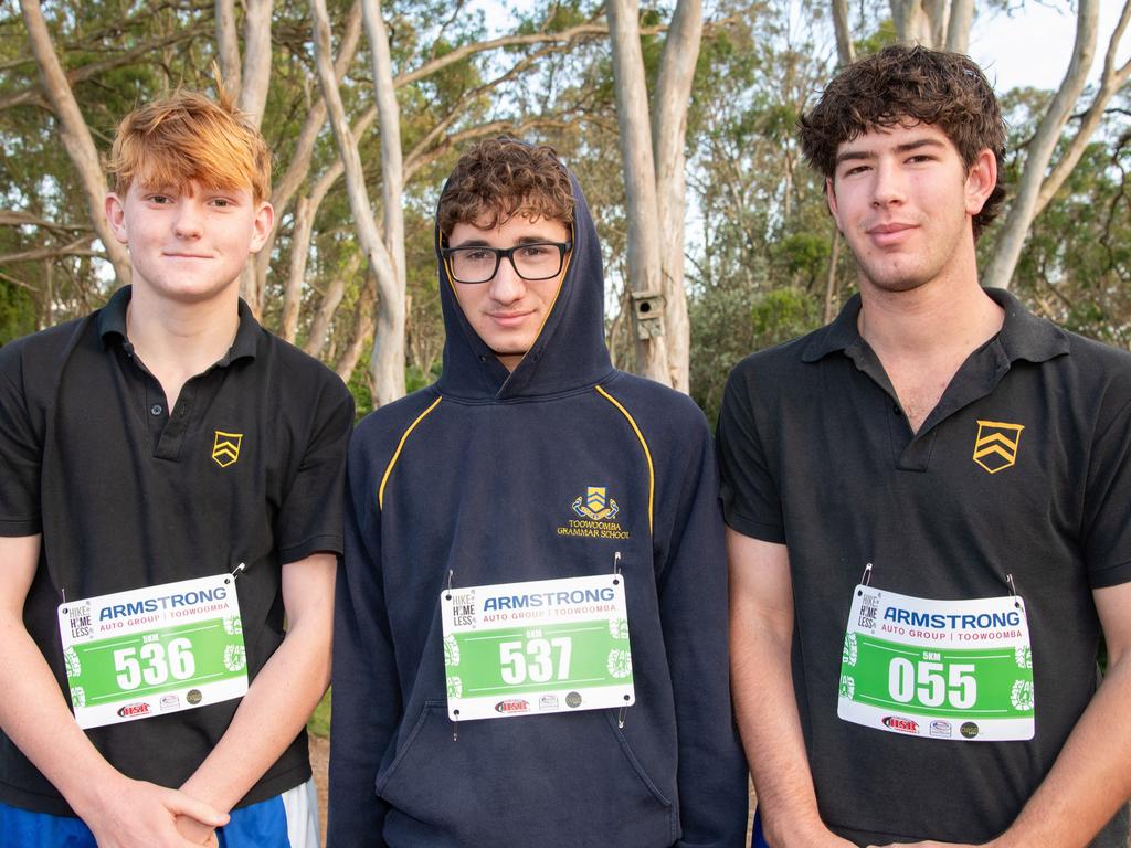 Will McDowall, James Armstrong and Innes Nowlan, three of the large contingent of students from Toowoomba Grammar School who participated in the hike.The Base Services, Hike for Homeless held at Jubilee Park. October 19th, 2024