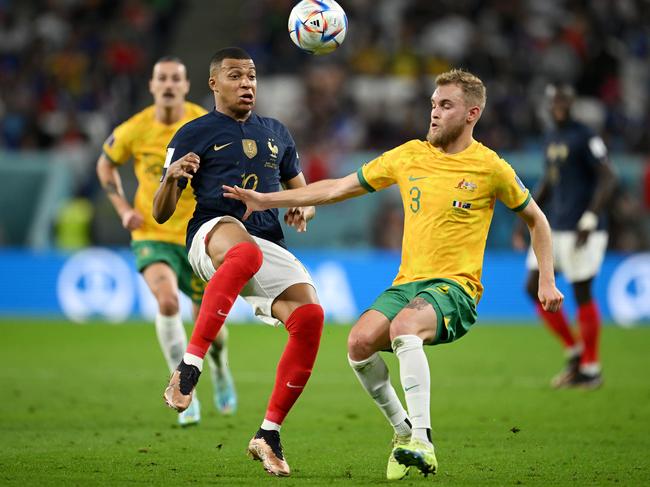 Atkinson found it difficult to keep Mbappe at bay in the Socceroos 4-1 loss to France. Picture: Clive Mason/Getty Images