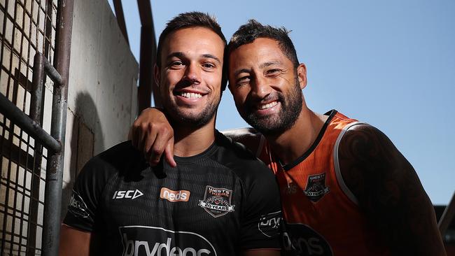 Wests Tigers teammates Luke Brooks and Benji Marshall. Picture: Brett Costello