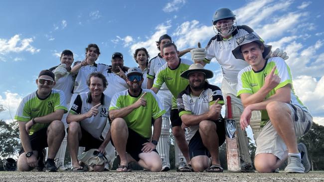 Wilberforce after winning second grade in 2022-23 in the Hawkesbury District Cricket Association , captain Chris Pound (front row, second from right in floppy hat) and Tom Kaal (front row, middle with sunglasses). Picture: Wilberforce Cricket Club