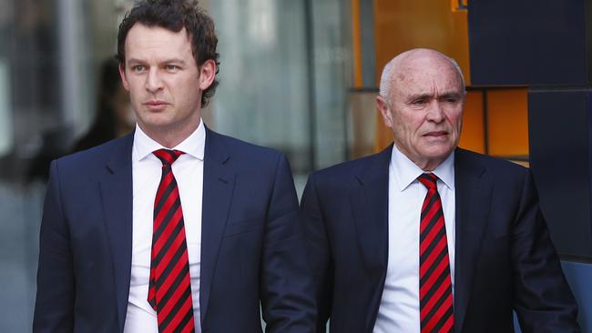 Essendon CEO Xavier Campbell and president Paul Little leave the Federal Court after day 1 of their court case against the AFL and ASADA. Pic: Michael Klein