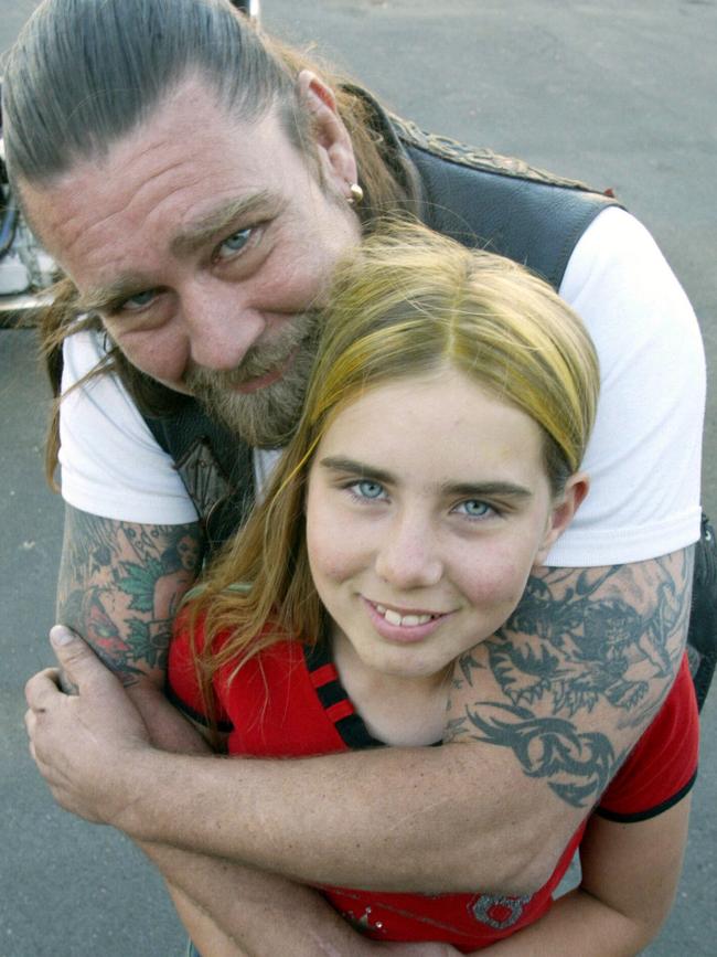 Gypsy Jokers motorcycle club president Steve Williams with his daughter Blayze in October 2003.