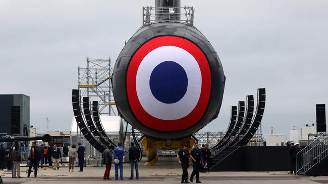 A nuclear submarine in the Naval Group shipyard in Cherbourg, France, last year ahead of its unveiling ceremony. Picture: AFP