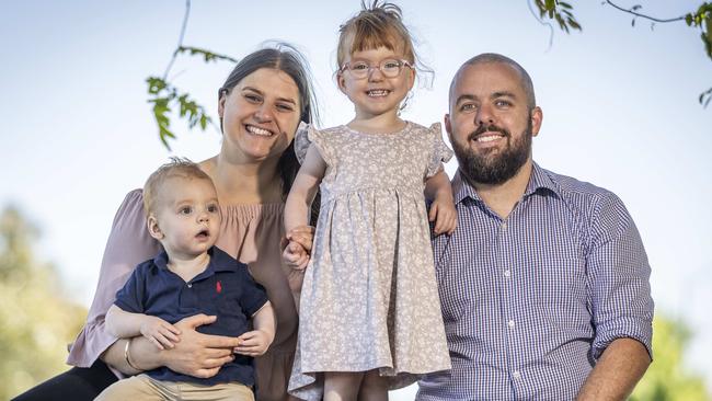 Parents Sam and Rhianna GAREY with their daughter Billie, 3 and Chester, 1. Billie was born very prematurely at 24 weeks, was a twin but sadly her sister Macie passed away at seven days. Billie was part of a world-first trial at Monash Children's where her stem cells were collected from her umbilical cord blood and transfused back to her at 10 days to "shield" her brain from damage. Picture: Jake Nowakowski