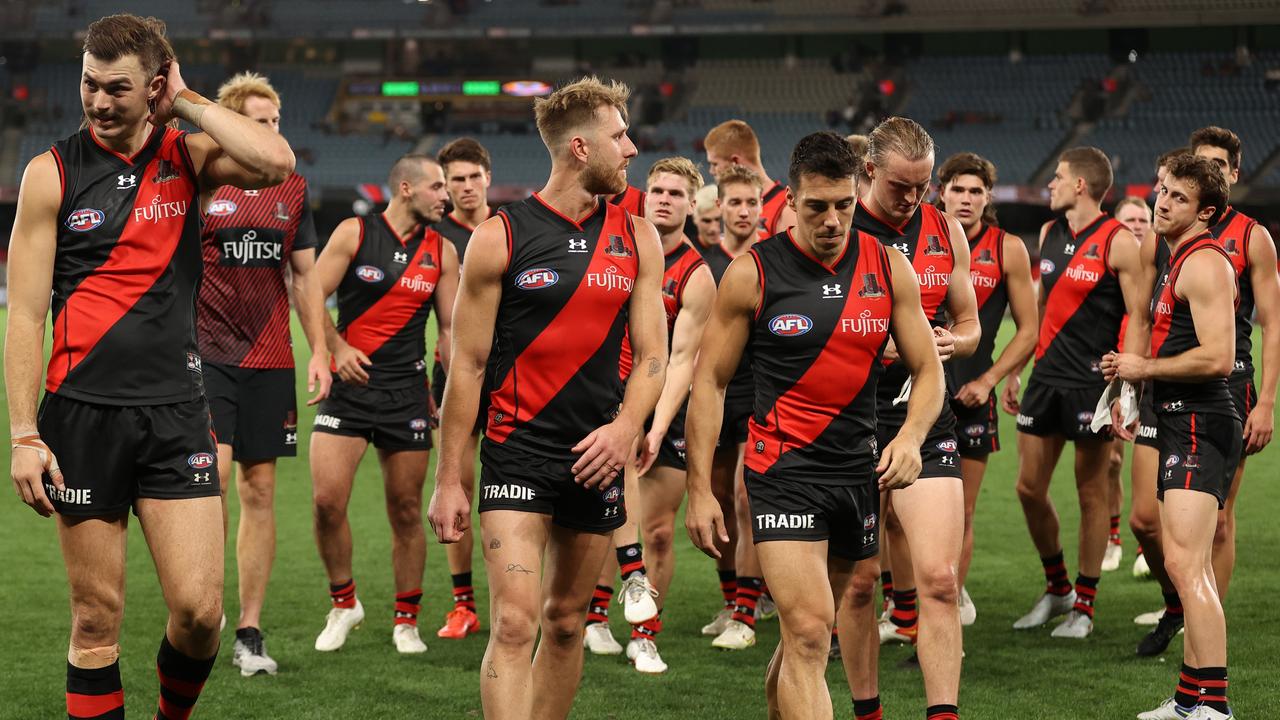 That wasn’t pretty as the Bombers leave the ground after coming up short against the Dockers. Picture: Getty Images