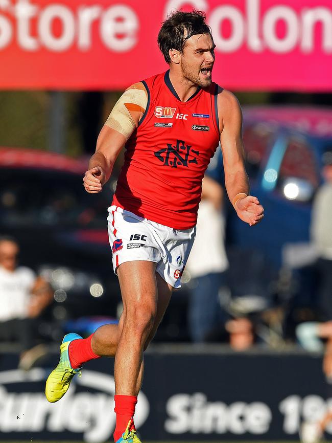 Former Crow and Swan Lewis Johnston celebrates kicking a goal for Norwood. Picture: Tom Huntley