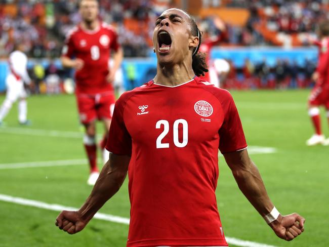 Yussuf Poulsen celebrates after scoring against Peru. Pic: Getty