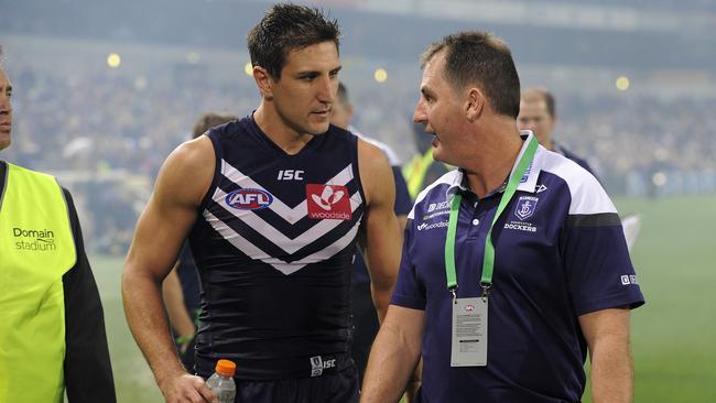 SPORT - AFL Round 6, Fremantle Dockers vs Essendon Bombers, Domain Stadium, Perth. Photo by Daniel Wilkins. PICTURED - Fremantle's captain Matthew Pavlich chats with coach Ross Lyon after the match