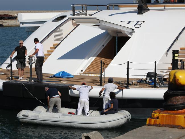 Finishing touches and cleaning under way of yacht IJE by Benetti on the day James Packer spends his first day on the yacht after taking possession of it. Picture: Ella Pellegrini