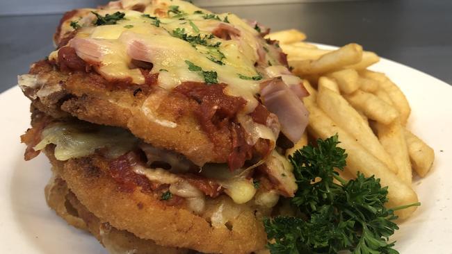 The Highbury Hotel’s Triple Decker Parmi. Picture: Facebook/Supplied/Highbury Hotel.