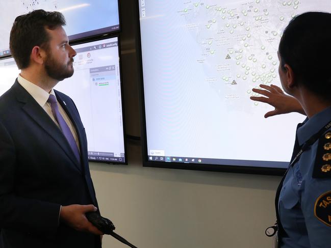 Minister Felix Ellis with Nikala Parsons Inspector Tasmania Police. Minister Felix Ellis at the emergency services centre in Hobart where the new $760 million communications network is now in place for use. Picture: Nikki Davis-Jones