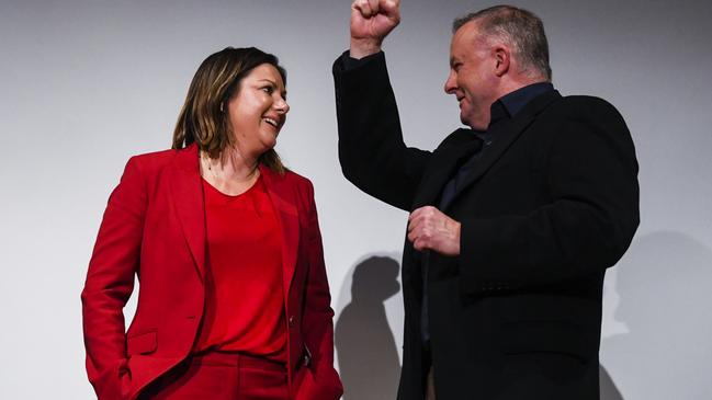 Kristy McBain with Opposition Leader Anthony Albanese after winning the Eden-Monaro by-election. Picture: AAP Image/Lukas Coch