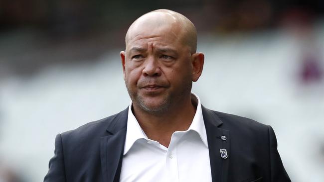 Former cricketer Andrew Symonds attends the state memorial service for former Australian cricketer Shane Warne, just weeks before he was killed in a crash.