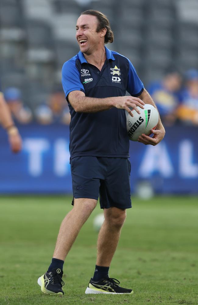 SYDNEY, AUSTRALIA - APRIL 13: James Maloney assistant coach of the Cowboys ahead of the round six NRL match between Parramatta Eels and North Queensland Cowboys at CommBank Stadium on April 13, 2024 in Sydney, Australia. (Photo by Jason McCawley/Getty Images)