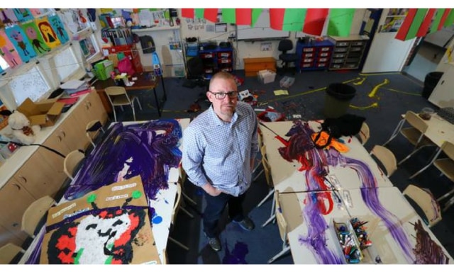 "Angry, disappointed and sad": School principal Iain Elliott in one of the vandalised classrooms. Picture: Tait Schmaal
