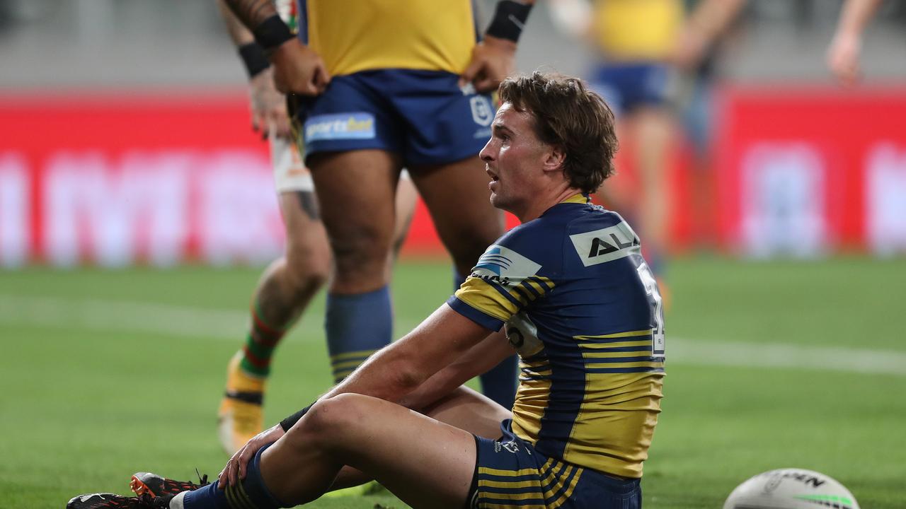 Parramatta's Clint Gutherson looks on after a try by Souths Bayley Sironen during the NRL Semi Final between the Parramatta Eels and South Sydney Rabbitohs at Bankwest Stadium, Parramatta. Picture: Brett Costello