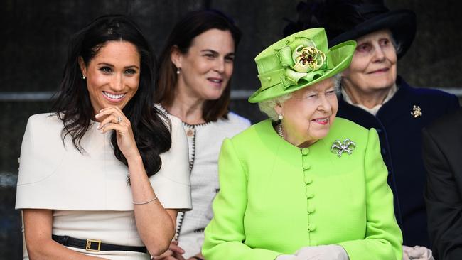 Meghan Markle and Queen Elizabeth II accompanied by Ms Cohen (in back), during a ceremony to open the new Mersey Gateway Bridge on June 14, 2018. Picture: Getty Images