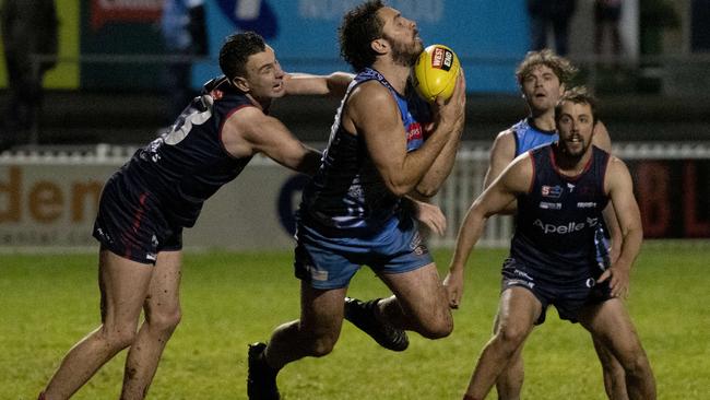 2/7/21 - Action pics of SANFL game between Norwood and Sturt at Norwood Oval. SturtÃs Abaina Davis takes a mark in front of goal which he converted.  Picture: Naomi Jellicoe