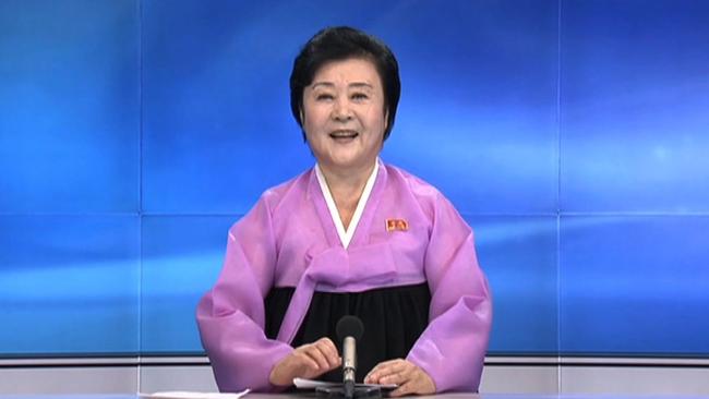 North Korean TV presenter Ri Chun-Hee officially announcing that the country tested a nuclear warhead earlier in the day. Picture: AFP.