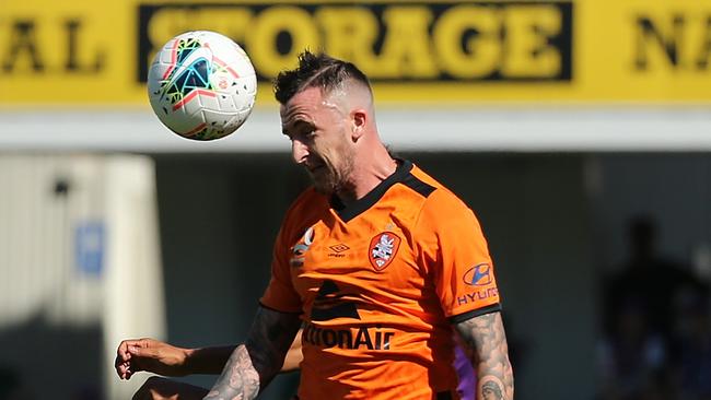 PERTH, AUSTRALIA — OCTOBER 13: Roy O"Donovan of the Roar heads the ball during the round one A-League match between Perth Glory and Brisbane Roar at HBF Park on October 13, 2019 in Perth, Australia. (Photo by Paul Kane/Getty Images)