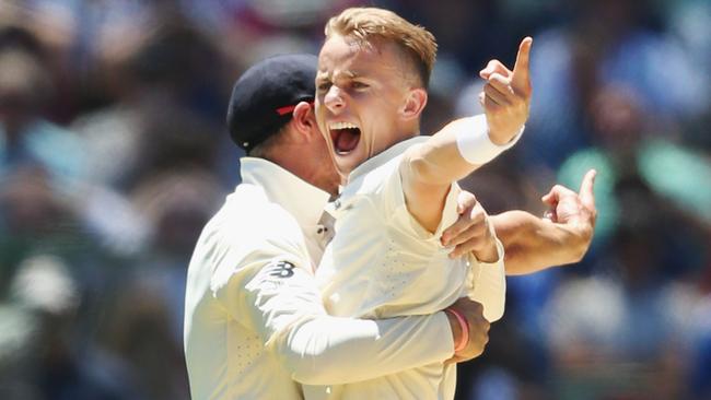 The ecstasy: England’s Tom Curran celebrates his dismissal of David Warner in the Fourth Ashes Test on Boxing Day last year... Picture: Getty Images