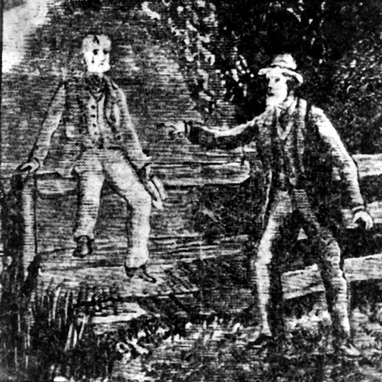 9. The murder of Frederick Fisher and the appearance of his ghost has captured the imagination of generations. Pictured is an early woodcut of his ghost confronting farmer John Hurley near Campbelltown. Legend says four months after Fisher’s disappearance Hurley saw a ghost with blood dripping from his head who pointed to an area where Fisher’s body was later found in a shallow grave.