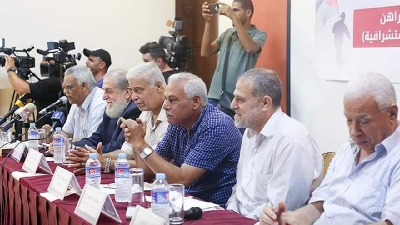 Fayez Elhasani (third from left) hosted a 2019 meeting of Palestinian factions at the Rawasi Institute in Gaza. Picture: Facebook