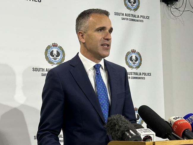 SA Police Acting Commissioner Linda Williams and Premier Peter Malinauskas address the alleged Glenunga High School threats with media on May 16, 2025. Picture: Duncan Evans / NewsWire