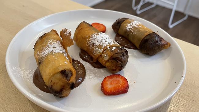 Chocolate and banana spring rolls at Plant Vibes Cafe in Bowen Hills.