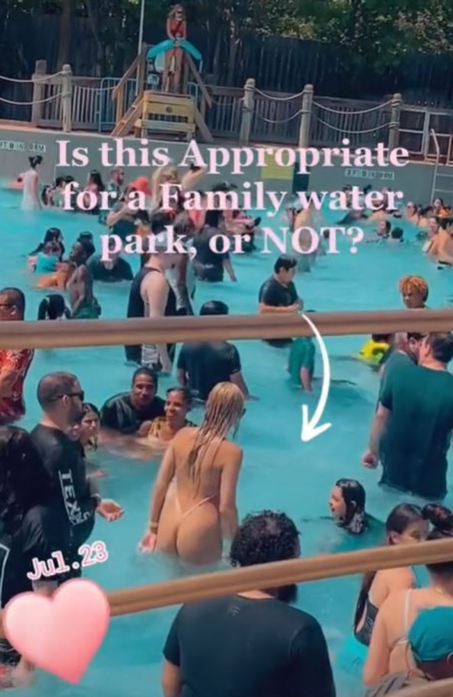 Social media users are debating whether this woman’s G-string swimsuit is appropriate for a family water park. Picture: TikTok