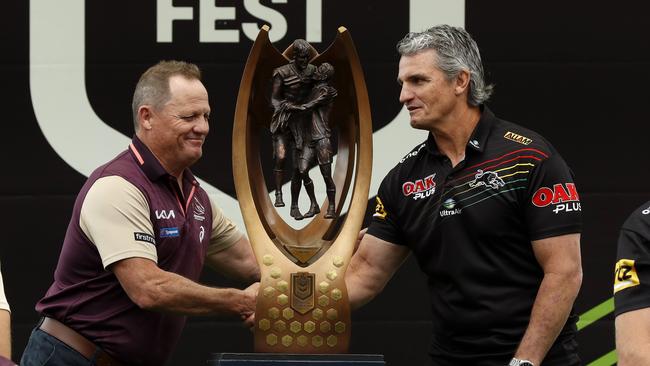 DAILY TELEGRAPH SEPTEMBER 28, 2023. Coaches Kevin Walters and Ivan Cleary take to the stage as the Penrith Panthers and Brisbane Broncos arrive at the NRL Grand Final fan day at the Overseas Passenger Terminal in Circular Quay. Picture: Jonathan Ng