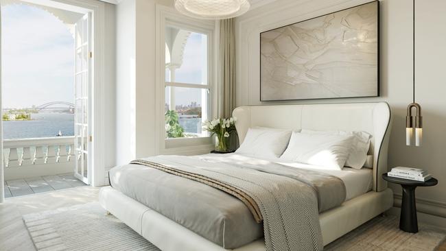 A bedroom of Kew Hillcrest with views to the Harbour Bridge.