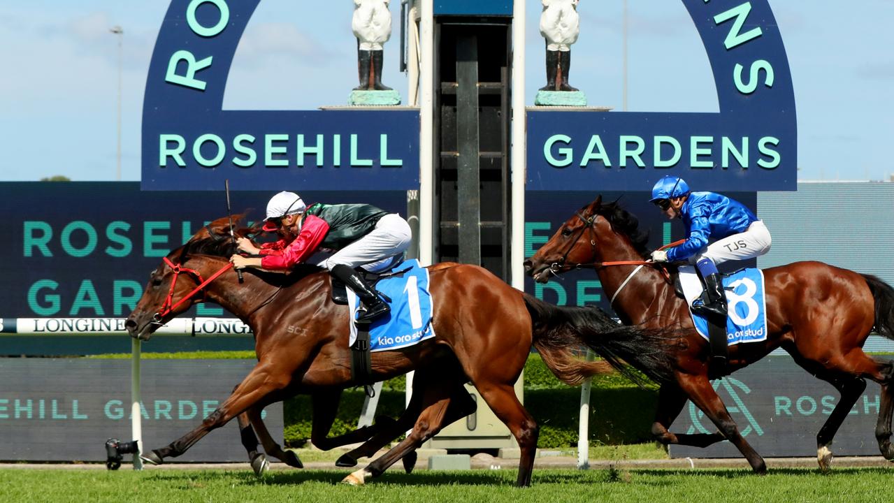 Dylan Gibbons gets home on Mariamia in the KIA Ora Captivant Handicap at Rosehill Gardens. Jeremy Ng–Getty Images