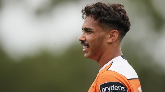 SYDNEY, AUSTRALIA - MARCH 03: Daine Laurie looks on during a Wests Tigers NRL training session at St Luke's Park North on March 03, 2021 in Sydney, Australia. (Photo by Matt King/Getty Images)