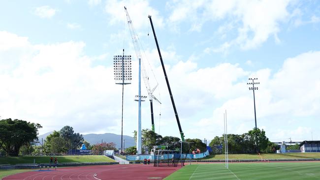 The previous older lighting at Barlow Park in the background of the newer tower, now completed. Picture: Brendan Radke