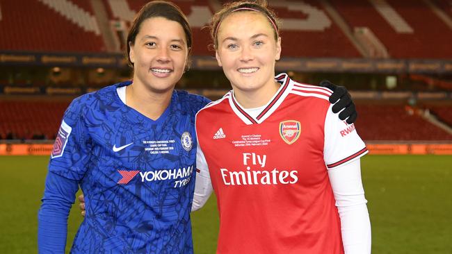 Caitlin Foord in her Arsenal strip with Matildas captain and Chelsea striker Sam Kerr Picture: Getty Images