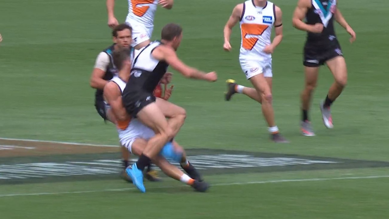 Brad Ebert tackle during Port Adelaide vs GWS Giants.