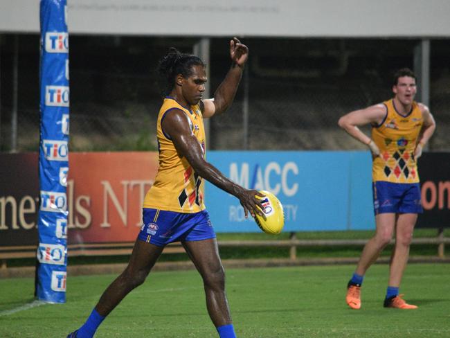 Mitchel Taylor put his body on the line in a best on ground performance against St Mary's, while Brodie Newman (background) was also key. Picture: Alison McGowan / AFLNT Media