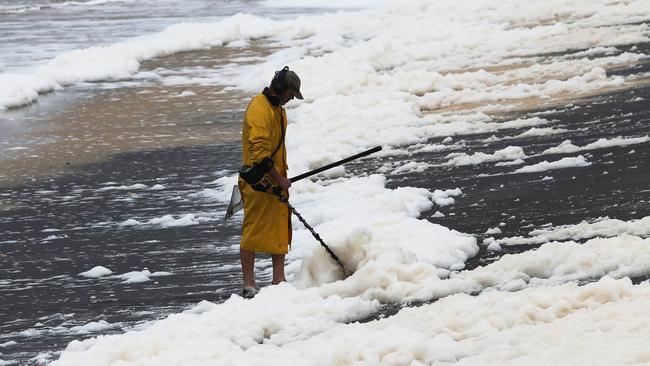 Sea foam at Stockton Beach. Picture: NCA NewsWire/Peter Lorimer.