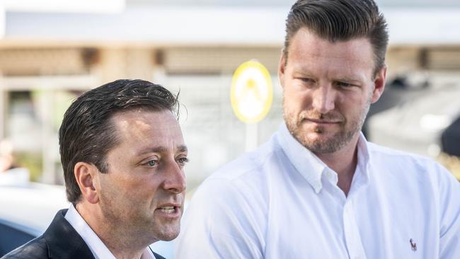 Matthew Guy with Liberal candidate for Nepean, Sam Groth. Picture: Jake Nowakowski