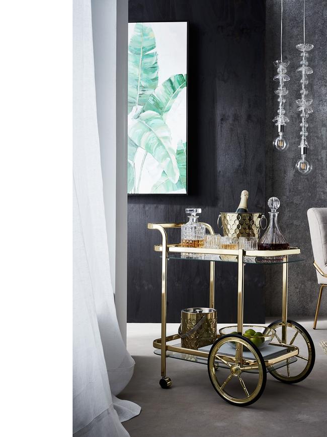 Take your home’s space and overall aesthetic into account when searching for the perfect cocktail cart. Picture: Harvey Norman./supplied.