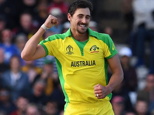 Australia's Mitchell Starc celebrates after taking his fifth wicket.