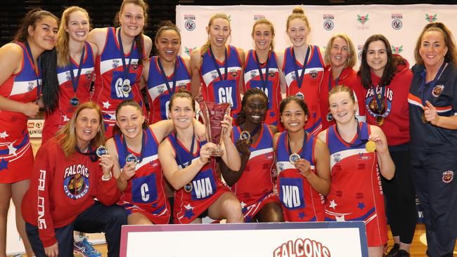 City West Falcons celebrate their VNL Championship Division title. Picture: Netball Victoria