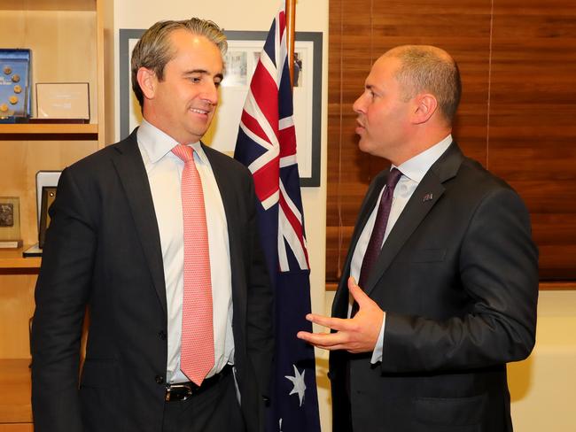 Federal Treasurer Josh Frydenberg meets with Commonwealth Bank CEO Matt Comyn, at the Commonwealth Parliamentary Offices in Melbourne. Picture: Stuart McEvoy/The Australian.