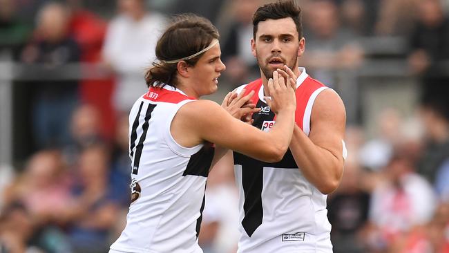 Paddy McCartin celebrates a goal for the Saints. Picture: AAP Images