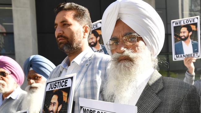 Manmeet Alisher’s father Ramsaroop Sharma outside court in Brisbane today. Picture: Darren England/AAP