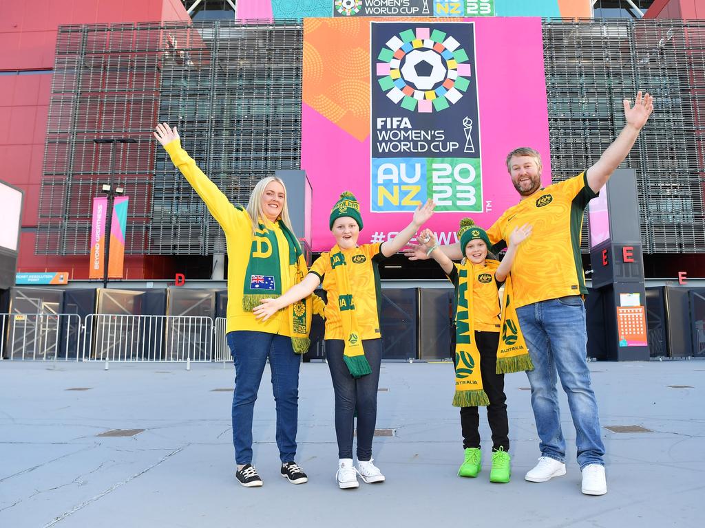 Candice, Kaylee, 10, Hollie, 8, and Rudy Valzan ahead of the FIFA Women’s World Cup at Brisbane Stadium. Picture: Patrick Woods