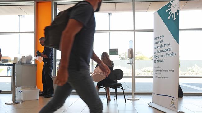 Biosecurity Tasmania's arrival card checkpoint at Hobart International Airport. Picture: Luke Bowden